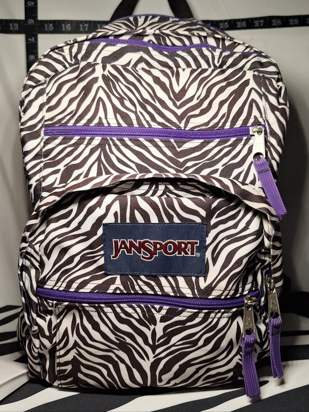 Jansport Backpack, Zebra Stripes, Dark Brown/Black & White w/Purple Accents